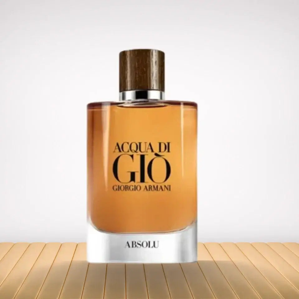 Giorgio Armani Acqua di Gio Absolu perfume bottle on a wooden surface with a white background