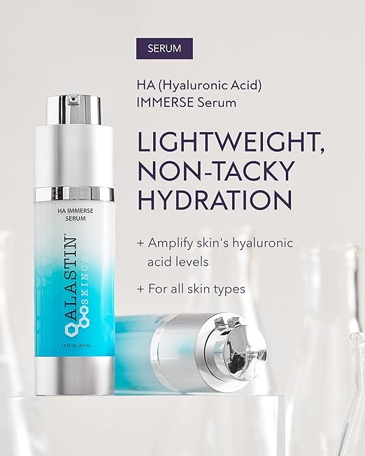 Alastin HA Immerse Serum with packaging and text on a light background