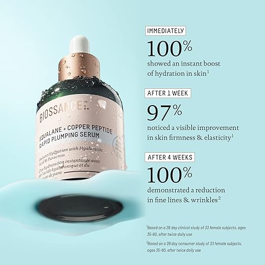 Biossance serum bottle with hydration benefits text on a light blue background