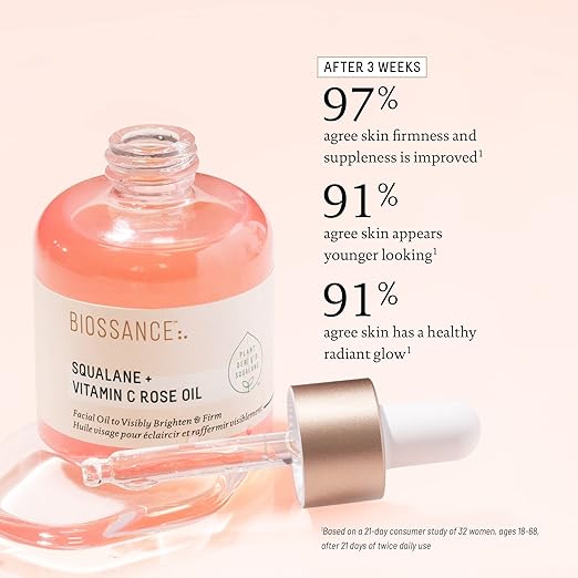 Bottle of Biossance skincare oil with text on skin improvement results.
