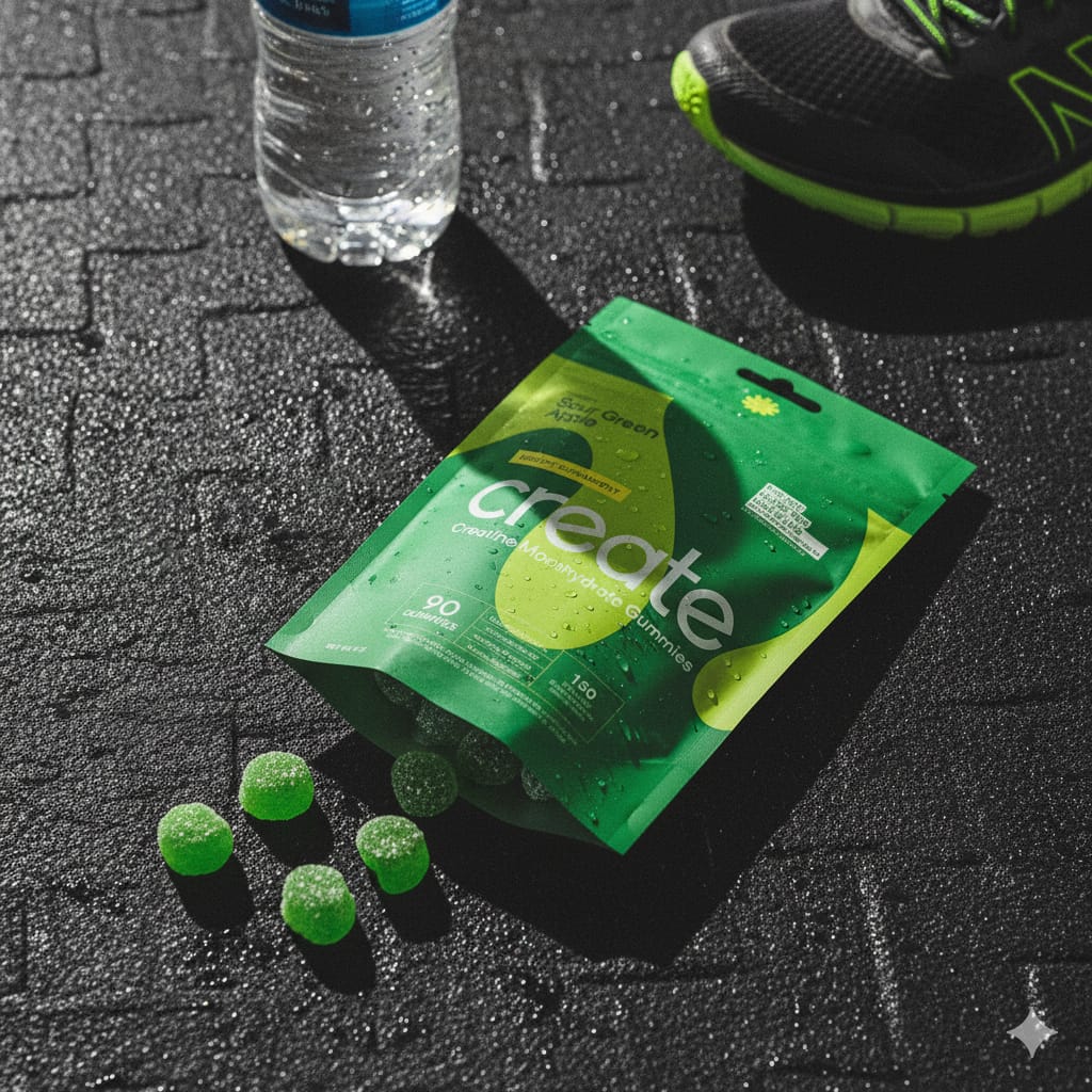 Green 'create' supplement package with green capsules on a black textured surface.