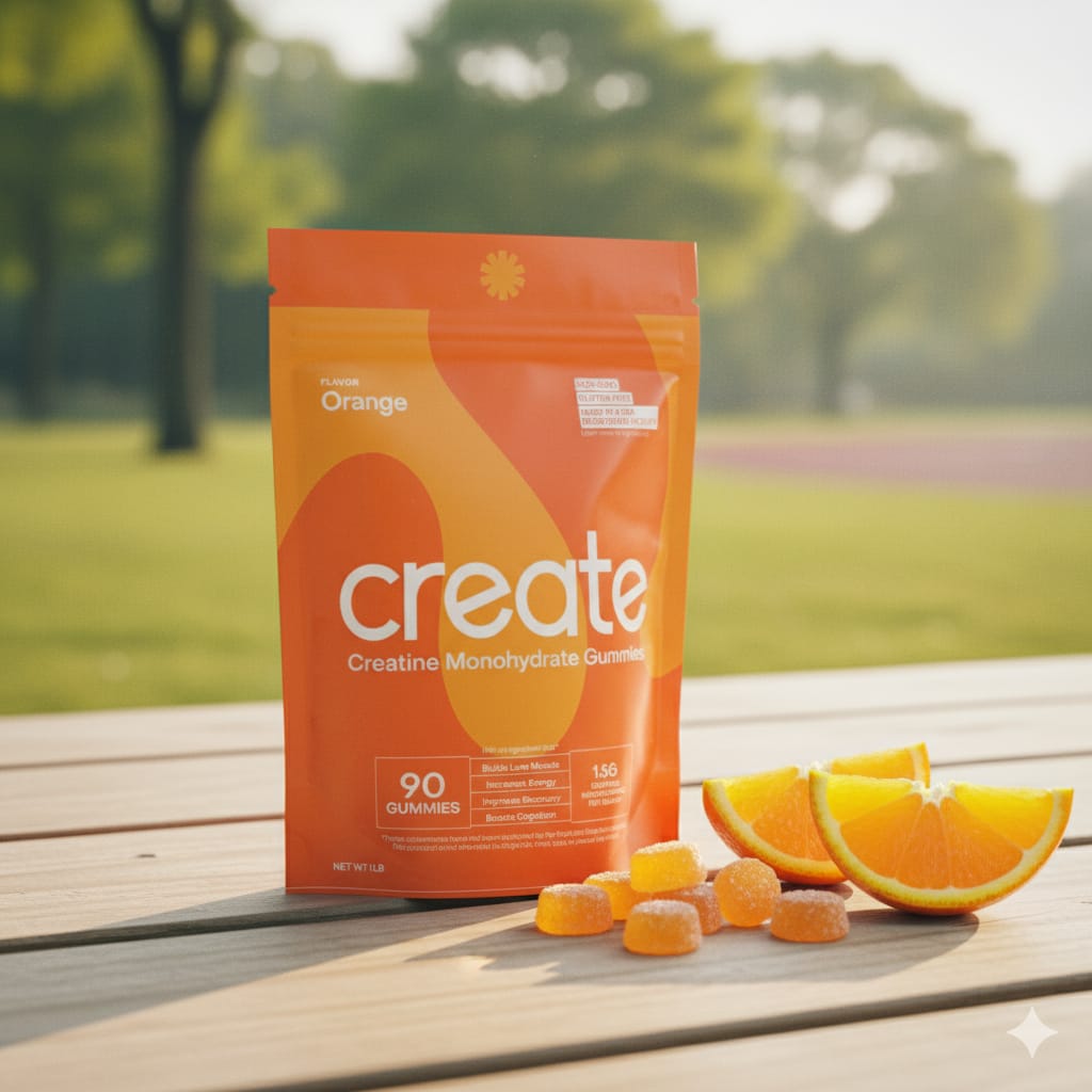 Orange 'create' gummy package with gummies and orange slices on a wooden surface outdoors.
