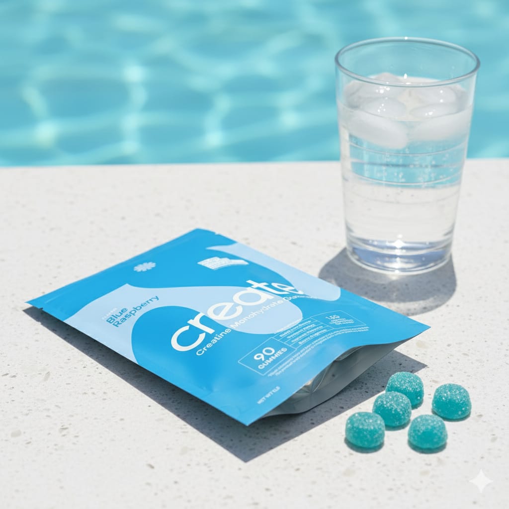 Creatiberry supplement package with blue gummies and a glass of water by a pool.