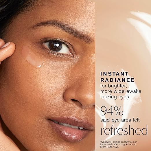 Close-up of a woman's eye with product application, featuring text about instant radiance.