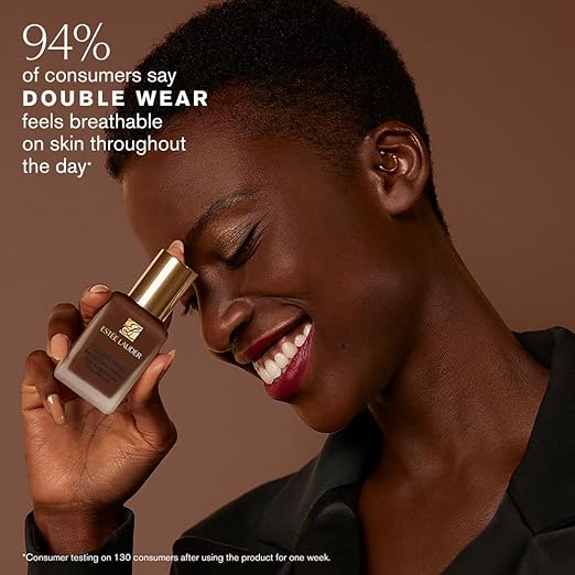Woman holding Estee Lauder makeup product with text about consumer feedback on 'Double Wear'.