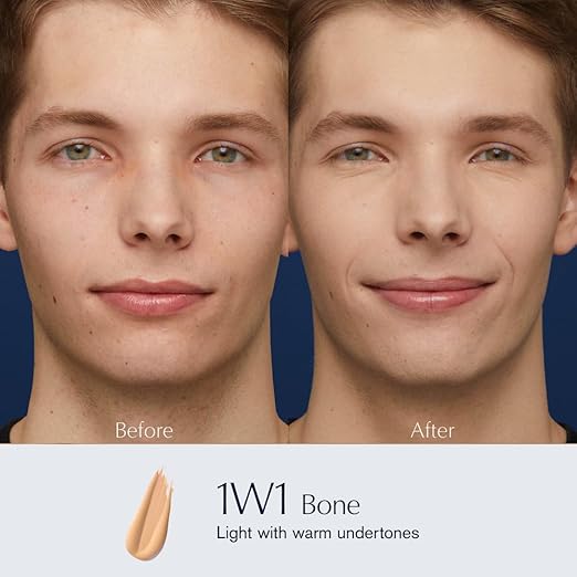 Before and after comparison of a person's face with '1W1 Bone' makeup color swatch.
