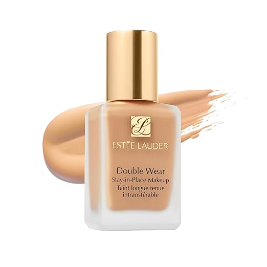 Estée Lauder Double Wear foundation bottle with a swatch on a white background