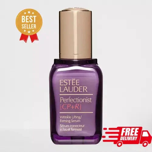 Estée Lauder Perfectionist CP+R serum bottle with a 'Best Seller' badge and free delivery icon on a light gray background.