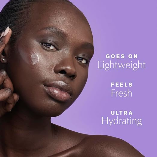 Woman applying sunscreen with text highlighting product benefits on a purple background