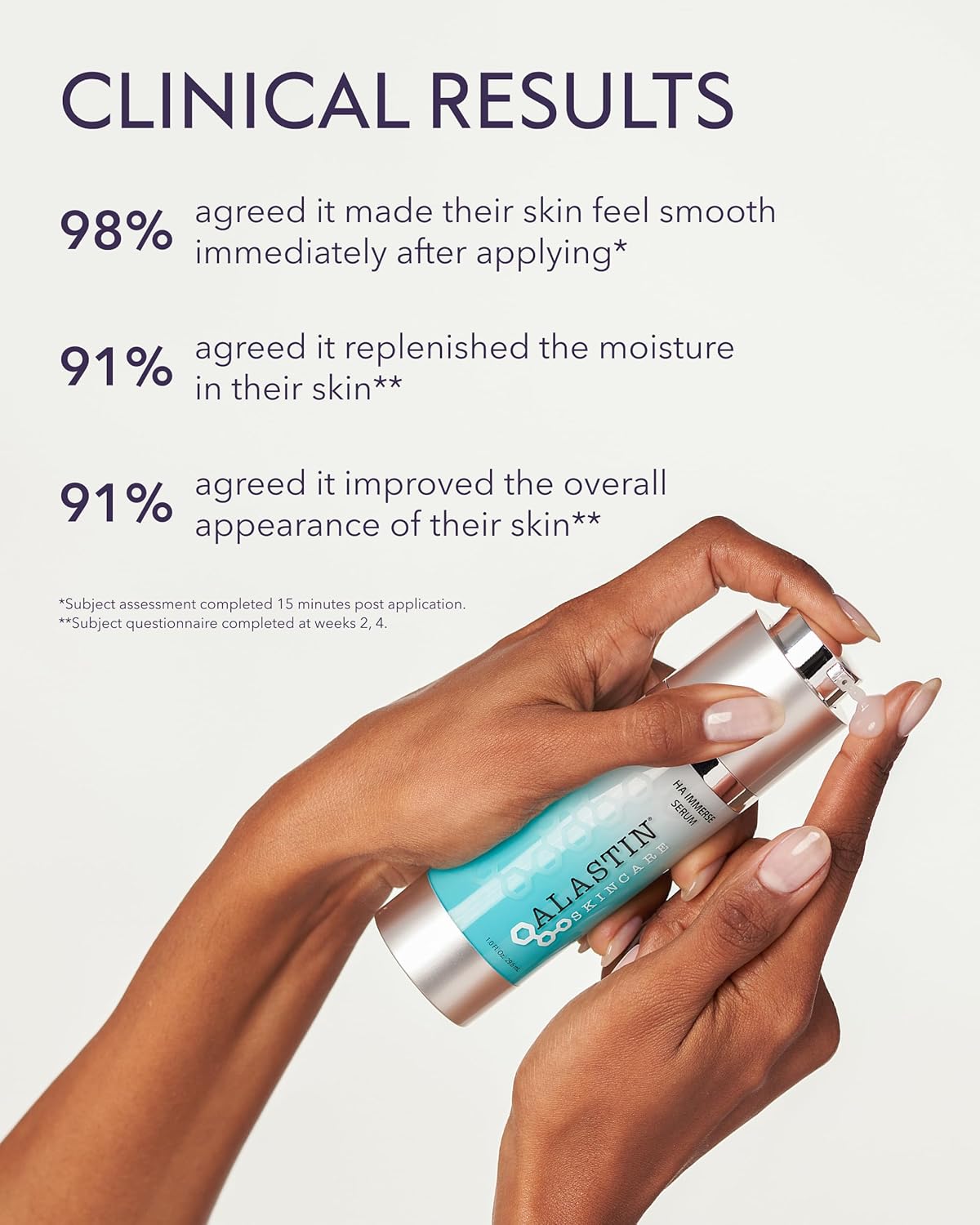 Hand holding a skincare product with clinical results text on a light background