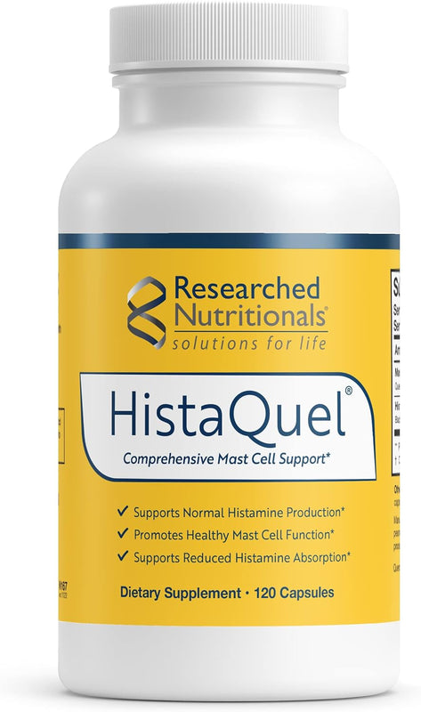 Supplement bottle labeled 'HistaQuel' by Researched Nutritionals on a white background