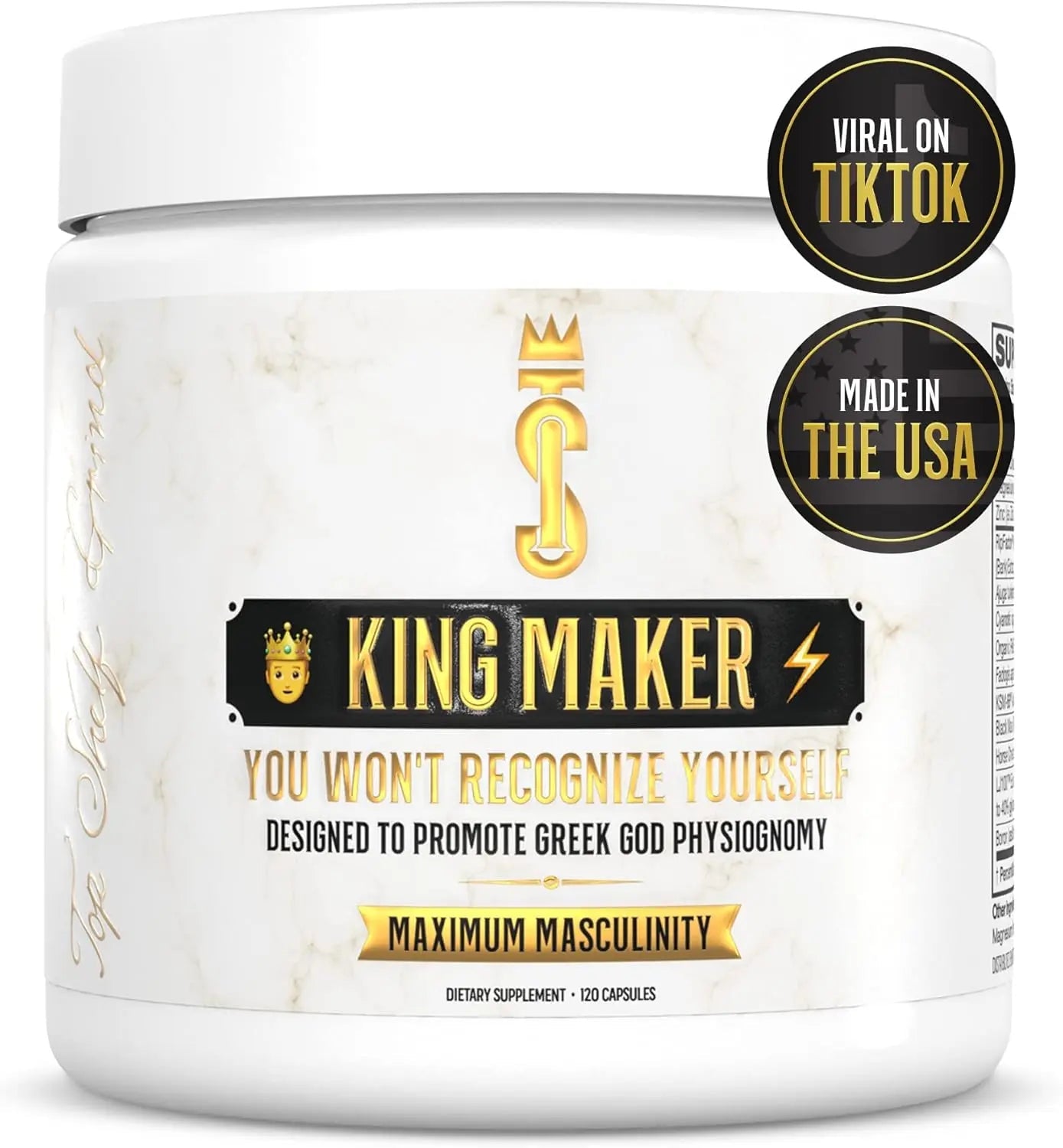 King Maker supplement container with branding and product claims on a white background