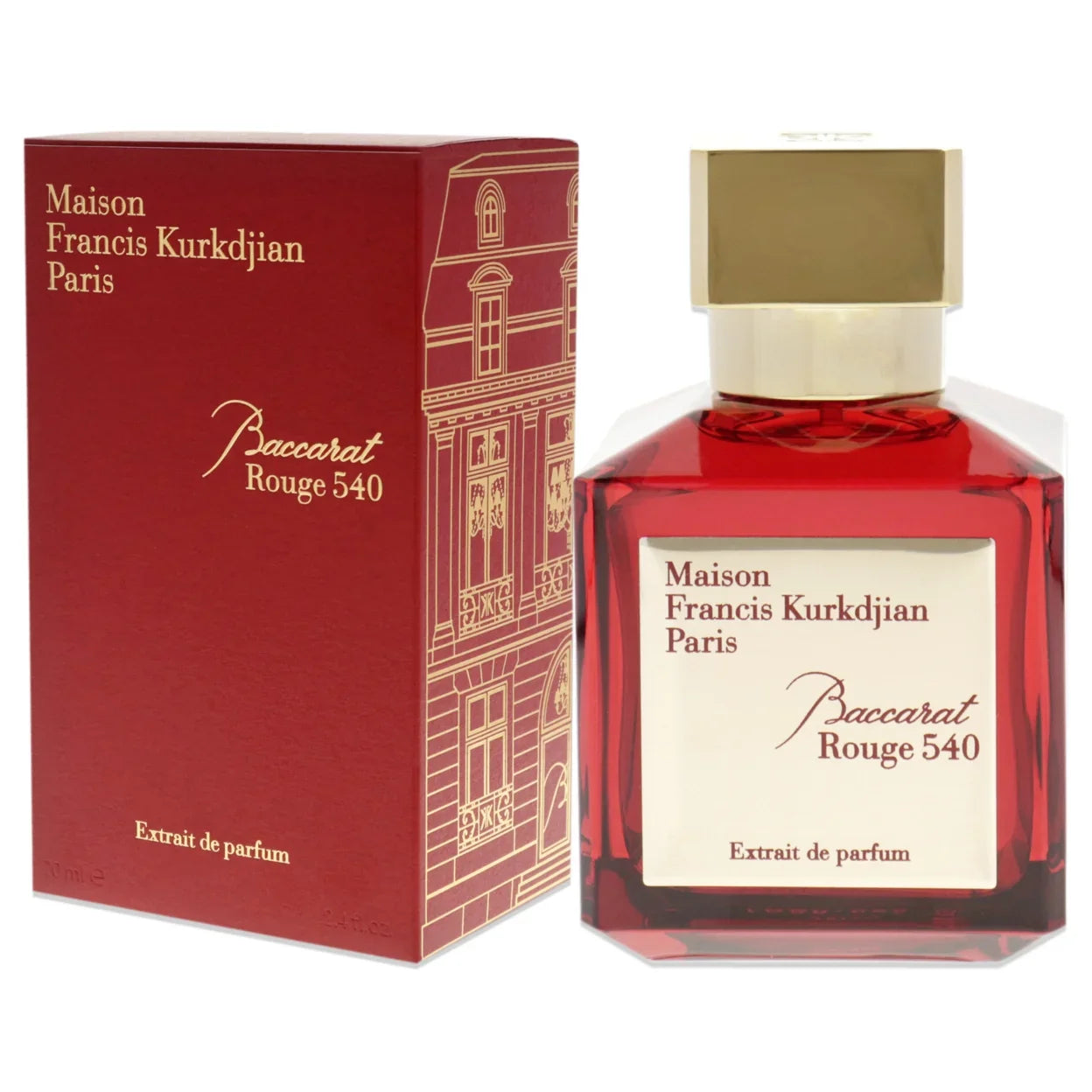 Maison Francis Kurkdjian Baccarat Rouge 540 perfume bottle and packaging on a white background