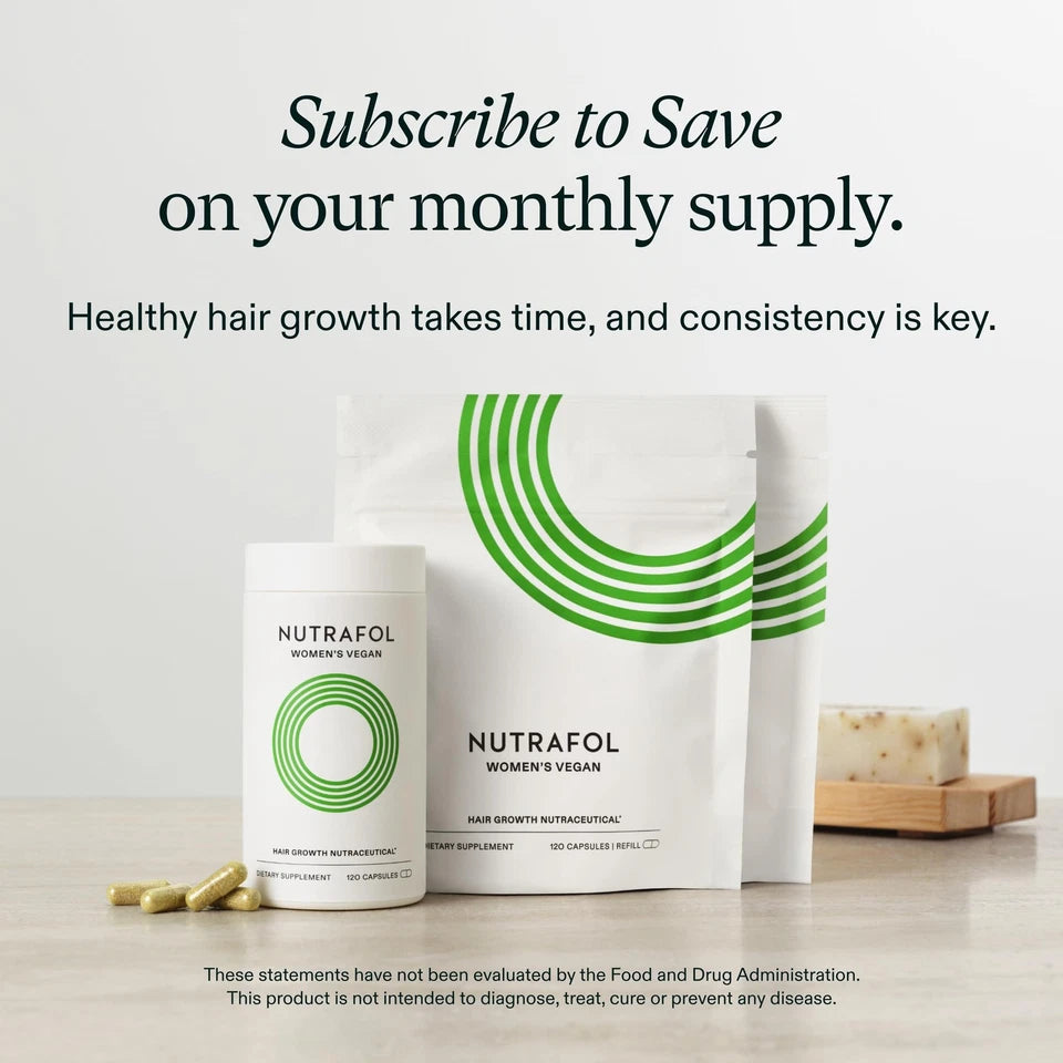 Nutrafol hair growth supplement packaging with text about subscription service on a light background EA Supplements