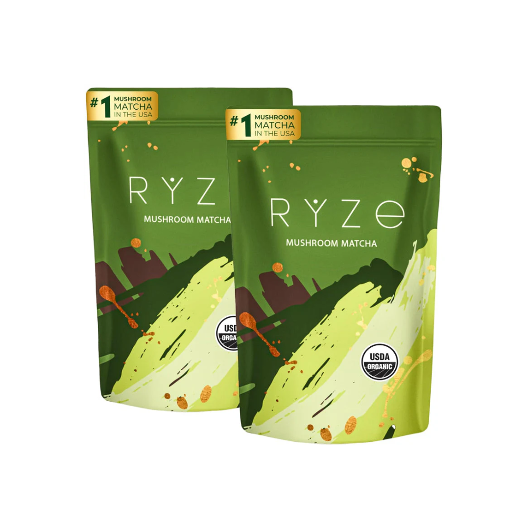 RYZE Superfoods Mushroom Matcha – USDA Organic Blend with 6 Functional Mushrooms and Ceremonial-Grade Japanese Matcha – 30 & 60 Servings