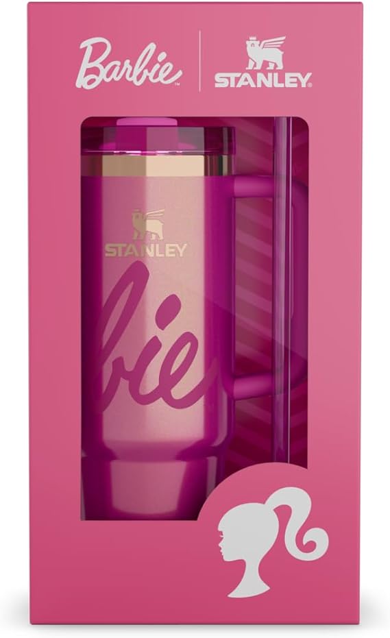 Barbie x Stanley water bottle in pink packaging with visible branding. EA Supplements