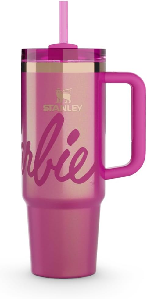 Pink tumbler with handle and straw featuring the 'Stanley' logo on a white background EA Supplements