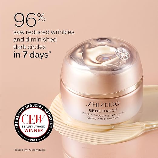 Shiseido Benefiance eye cream jar with promotional text on a beige background
