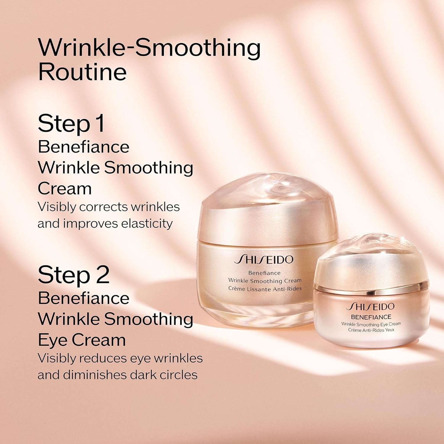 Shiseido Benefiance wrinkle-smoothing cream and eye cream on a soft pink background