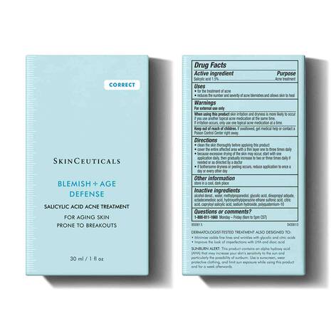 SkinCeuticals Blemish + Age Defense packaging with drug facts label on a white background