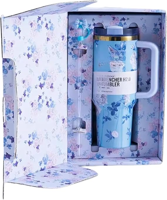 Floral-patterned tumbler in a decorative box