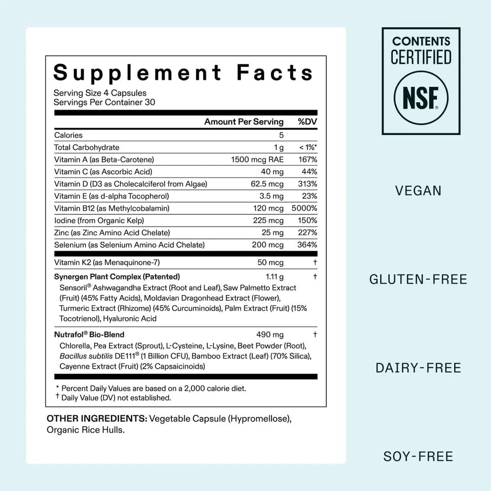 Supplement label with certification logos on a light blue background EA Supplements