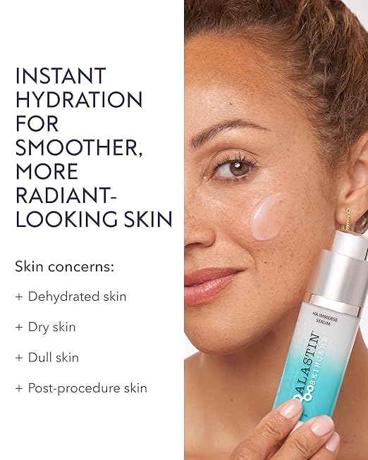 Woman holding a skincare serum with text about instant hydration for smoother, more radiant-looking skin.