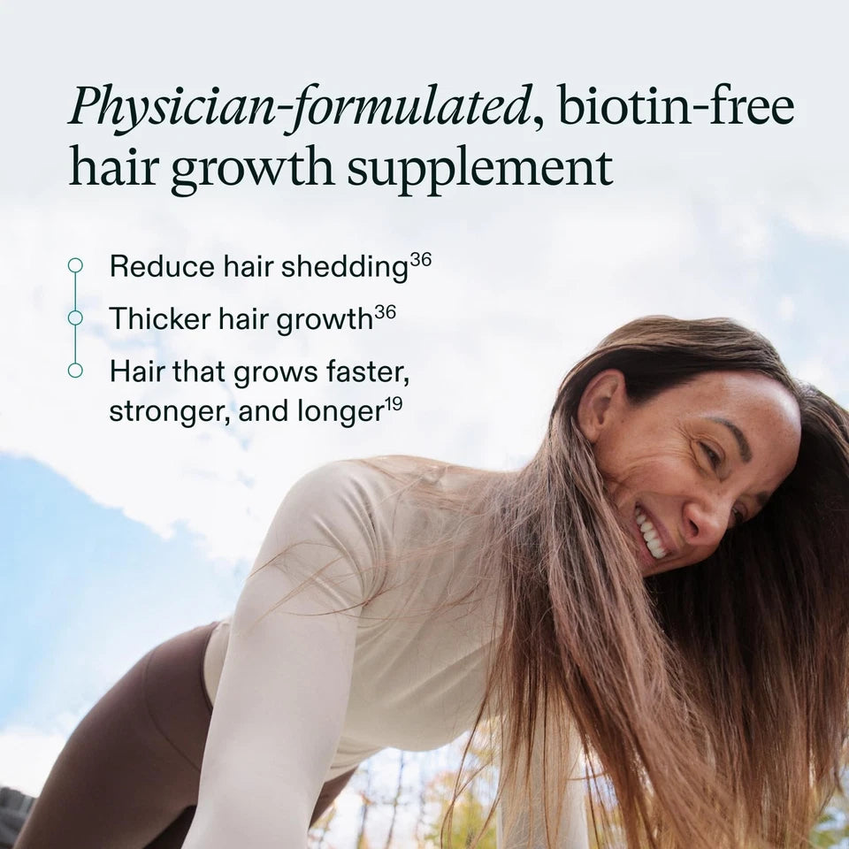 Woman with long hair outdoors with text about a hair growth supplement. EA Supplements