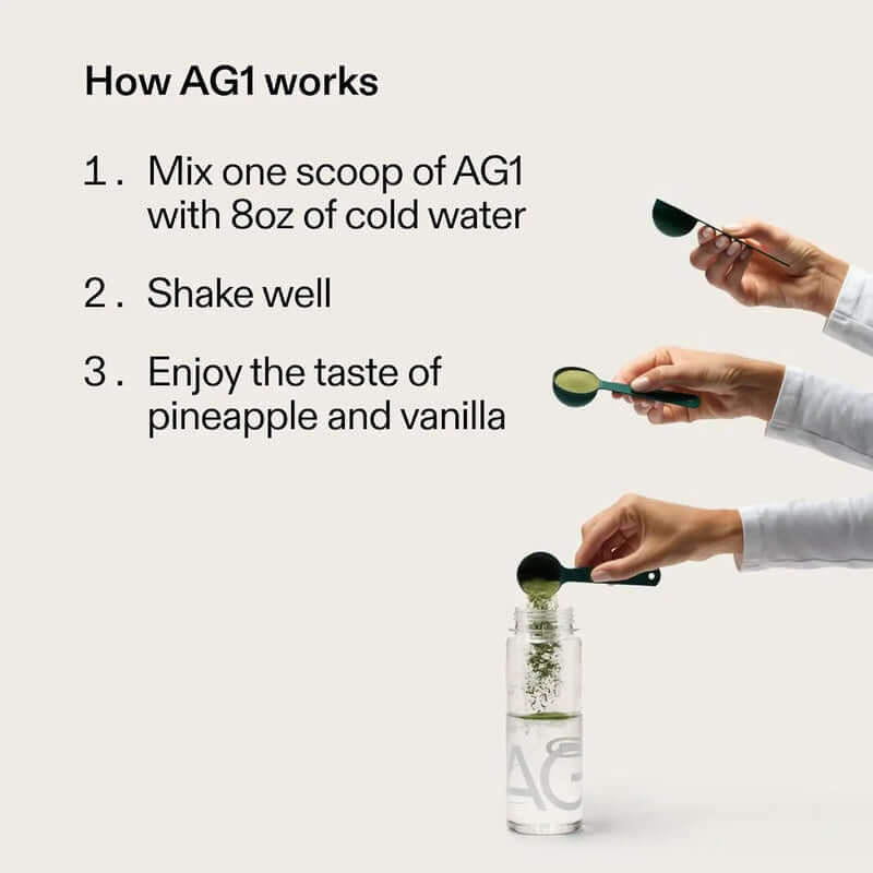 Steps to prepare AG1 Greens Powder: mix with water, shake, and enjoy the taste of pineapple and vanilla. Easy daily health routine.