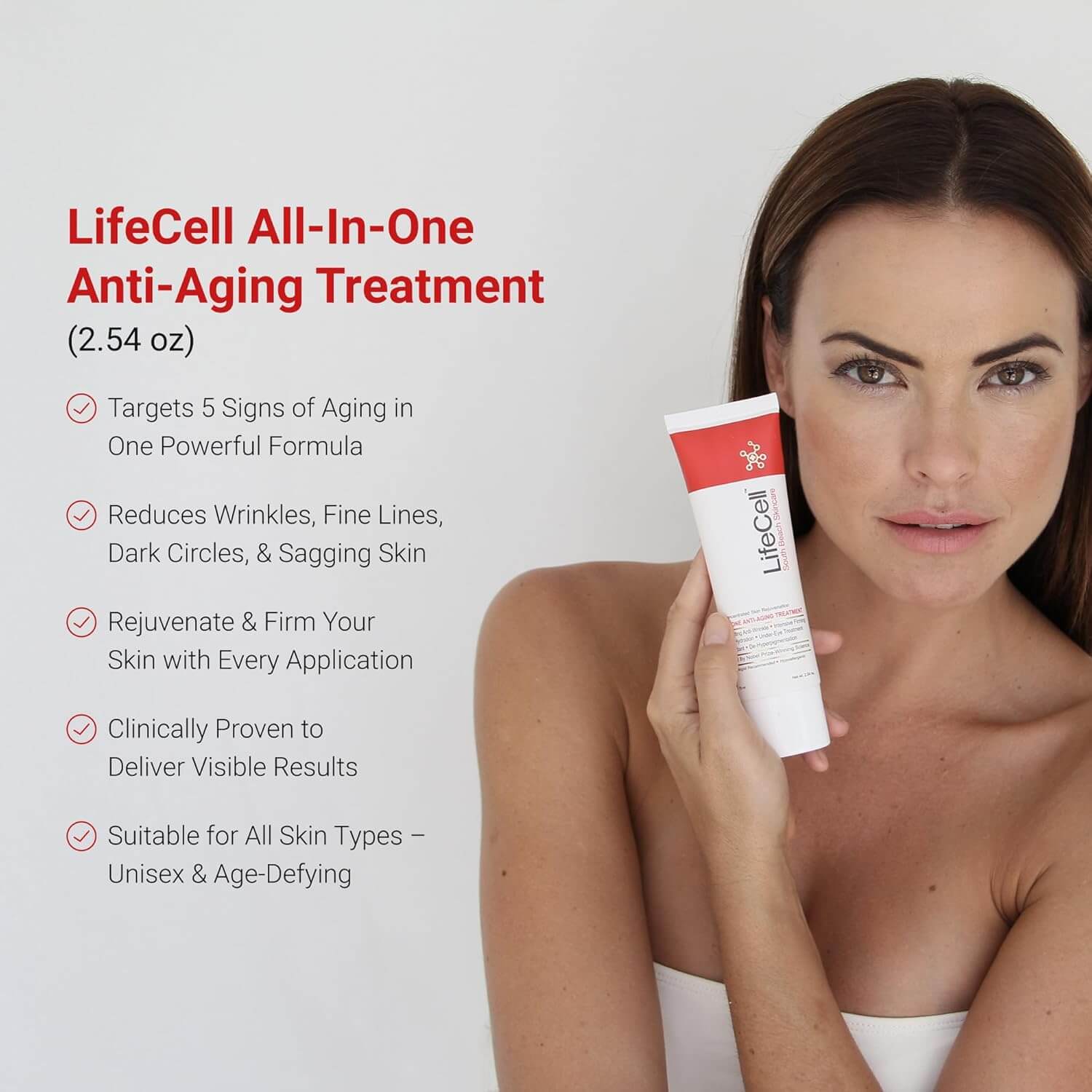 Woman holding LifeCell Anti-Aging Cream, highlighting benefits like wrinkle reduction and skin rejuvenation.