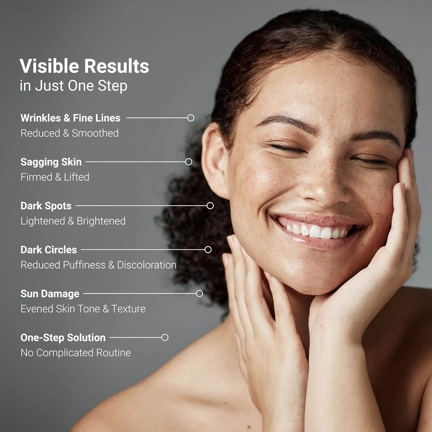 Smiling woman showing results of LifeCell Anti-Aging Cream with benefits listed, including wrinkle reduction and firmer skin.