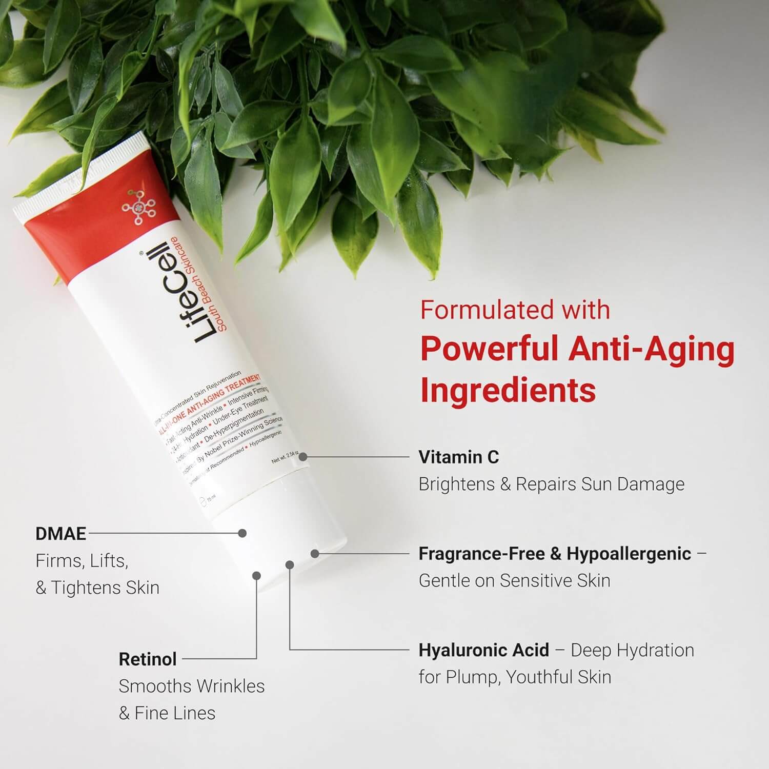 LifeCell Anti-Aging Cream with Retinol, Vitamin C, and Hyaluronic Acid for reducing wrinkles and fine lines, 2.54oz tube.
