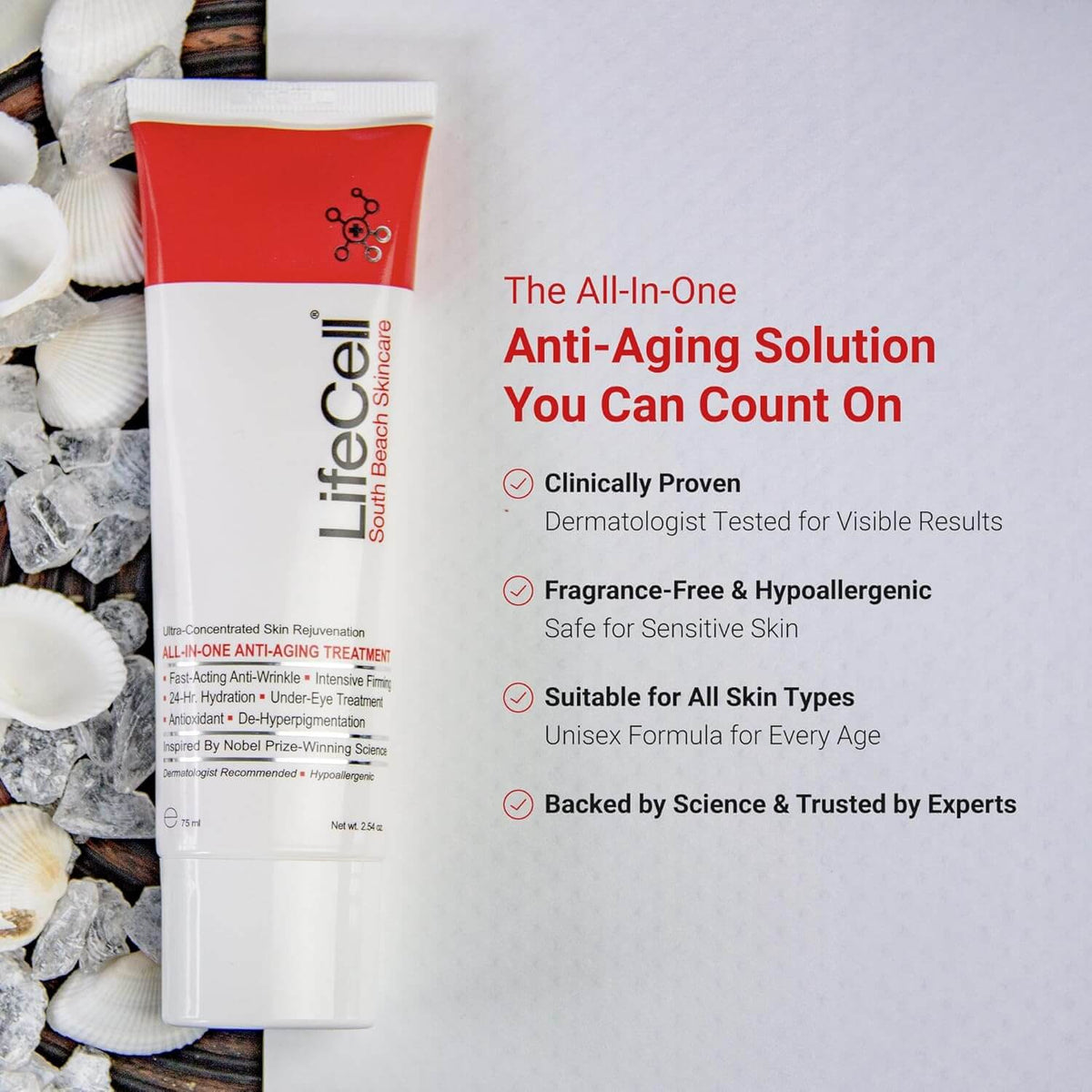 LifeCell Anti-Aging Cream with Retinol and Vitamin C tube on a beach-themed background.