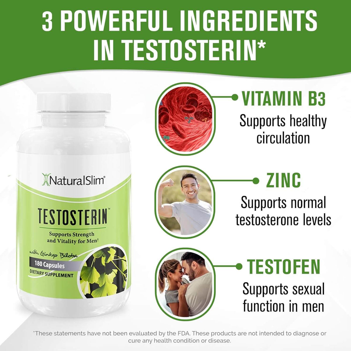 NaturalSlim Testosterone Booster featuring Vitamin B3, Zinc, and Testofen for energy, focus, and enhanced performance.