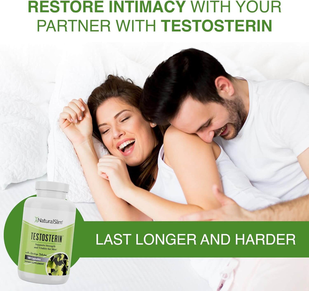 NaturalSlim Natural Testosterone Booster for enhanced intimacy and performance, couple embracing in bed, supplement bottle in view.