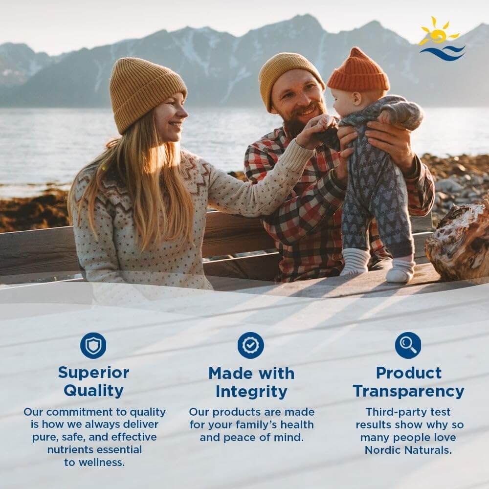 Family by mountains promoting Nordic Naturals quality, integrity, and product transparency.
